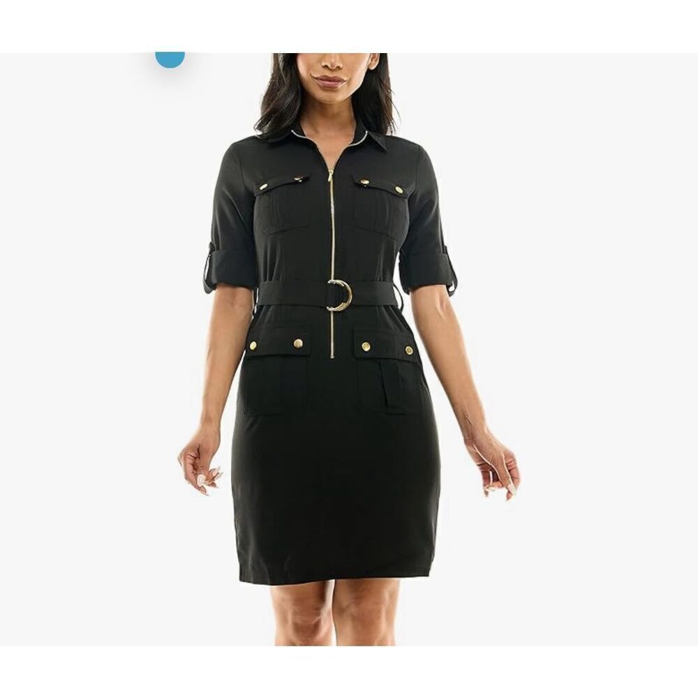 Sharagano Women's Short Sleeve Shirt Dress with Front Pockets. Brown. Size 12